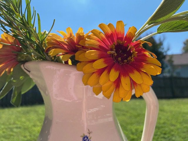 yellow flower arrangement in a pitcher